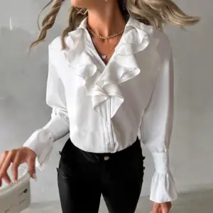 Women Blouse White Sexy Ruffle V Neck Blouse Autumn Spring Top Vintage Button Up Shirts Long Sleeve Casual Office Lady Tops